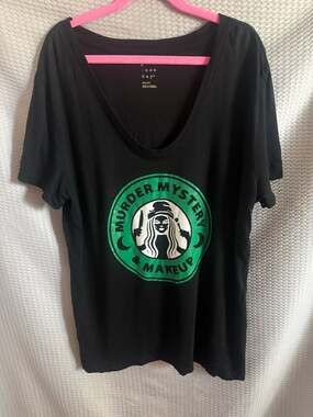 A New Day Women's Medium Black V-Neck Murder Mystery & Makeup Graphic Tee
